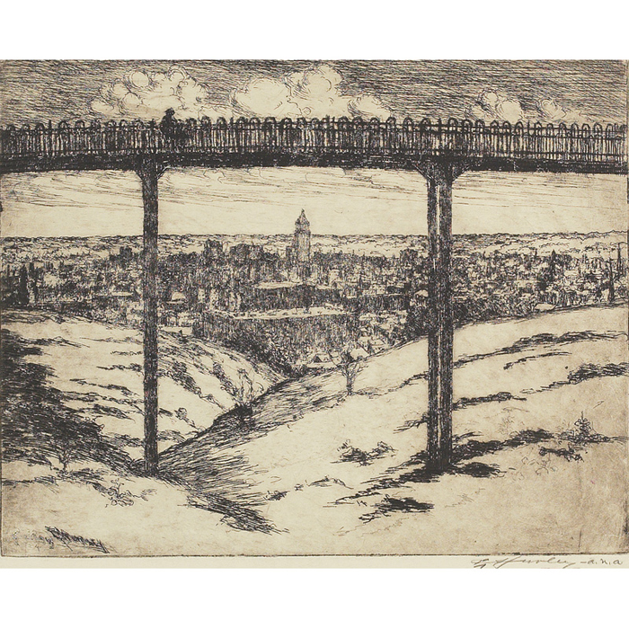 Appraisal: E T Hurley etching Ringgold St Bridge signed unframed x