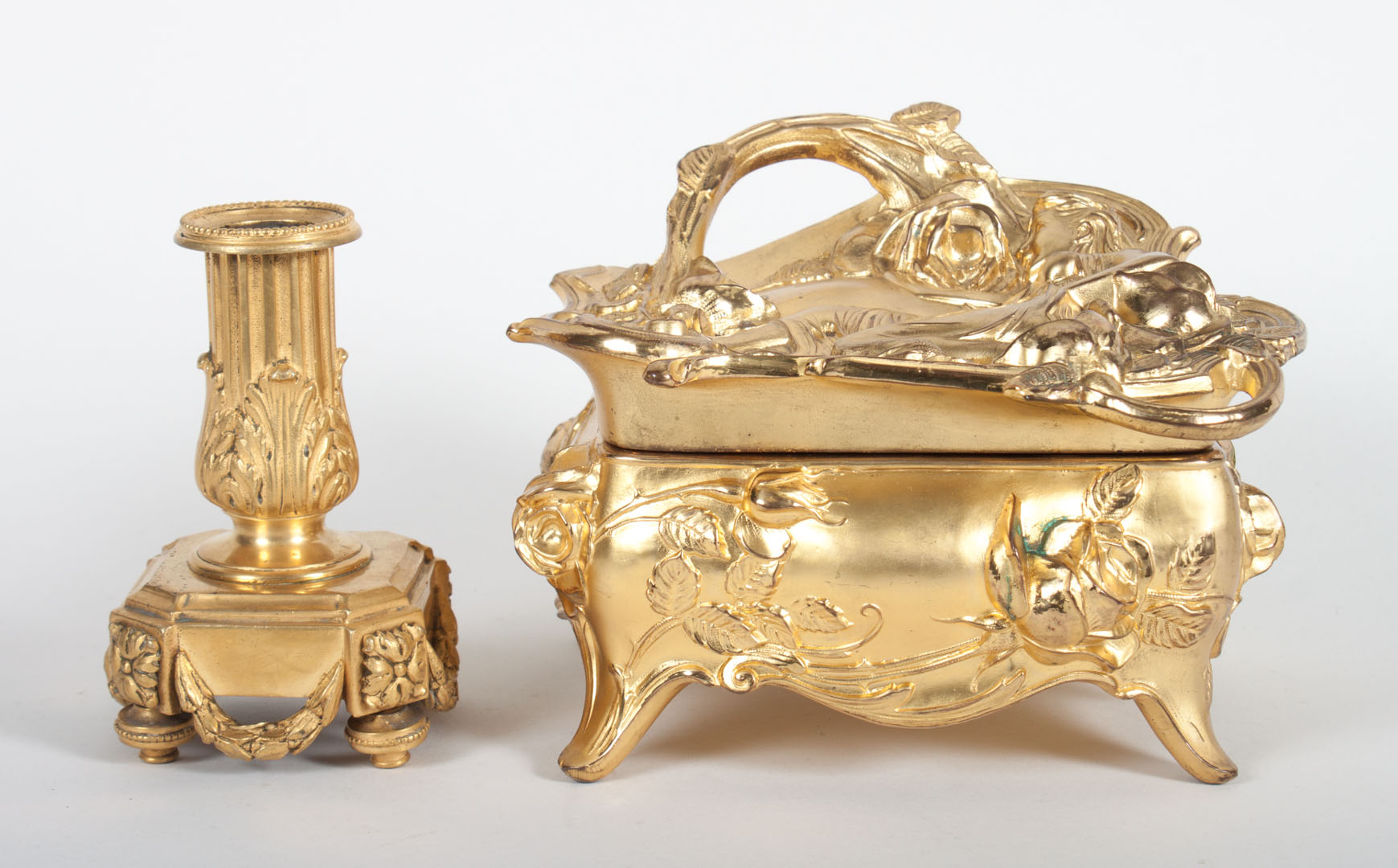 Appraisal: Weidlich gilt-metal dresser box a candlestick Weidlich Bros Art Nouveau