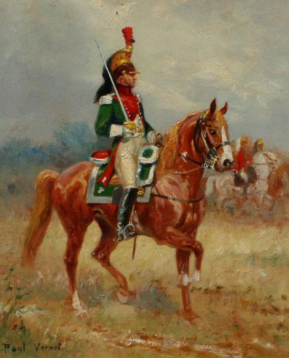 Appraisal: OIL BOARD PORTRAIT OF FRENCH DRAGOON SOLDIER ON HORSEBACK Oil