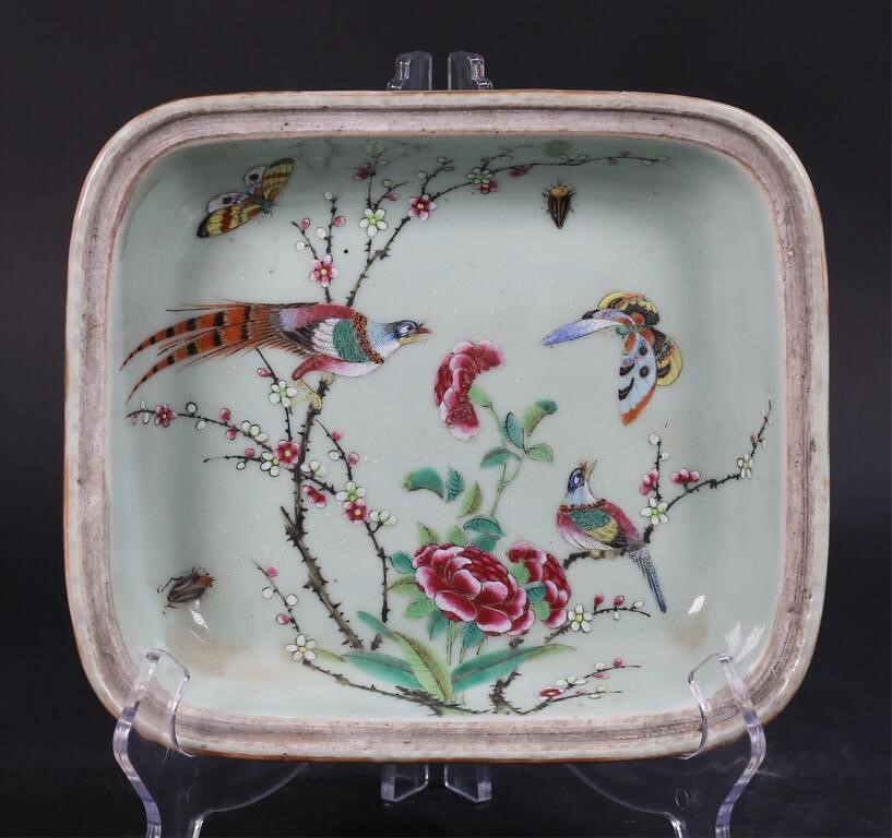 Appraisal: Chinese export Celadon porcelain serving dish with enamel bird flower