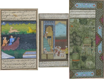 Appraisal: Three Antique Illuminated Manuscript Pages in One Frame Three Persian