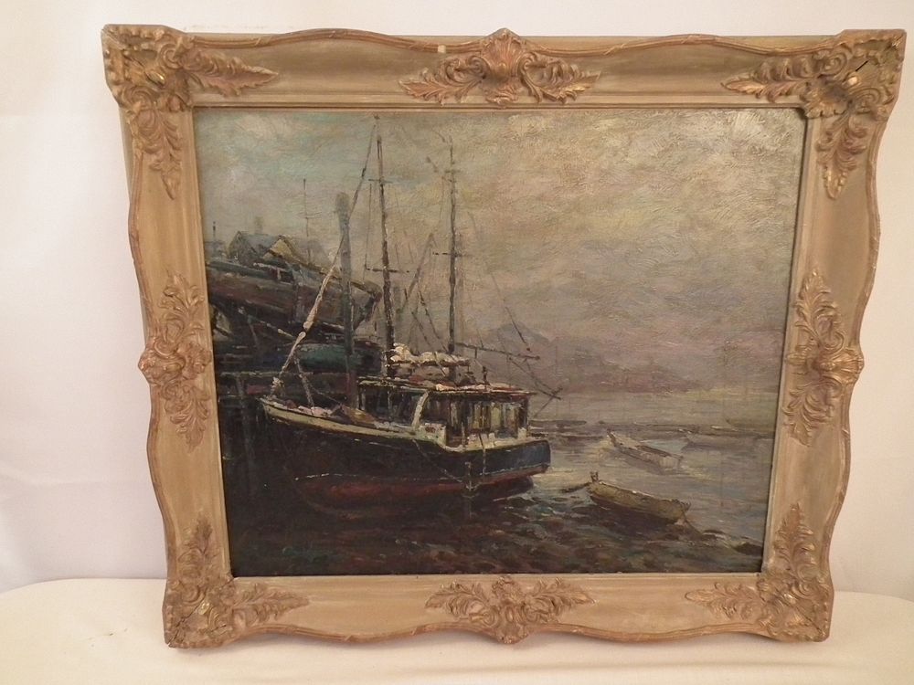 Appraisal: HARBOR SCENE PAINTING BRIDGET Old oil painting on canvas of