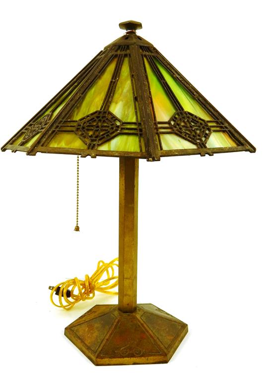 Appraisal: Bradley Hubbard lamp with similarly styled shade with green slag