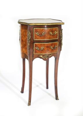 Appraisal: A French two-drawer table with marquetry top cm wide