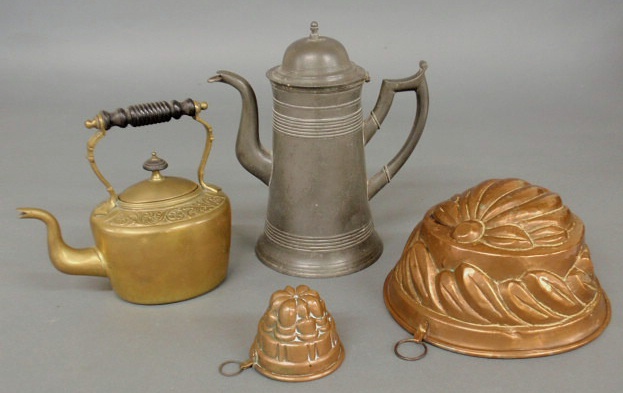 Appraisal: Two copper molds dia brass kettle h pewter teapot