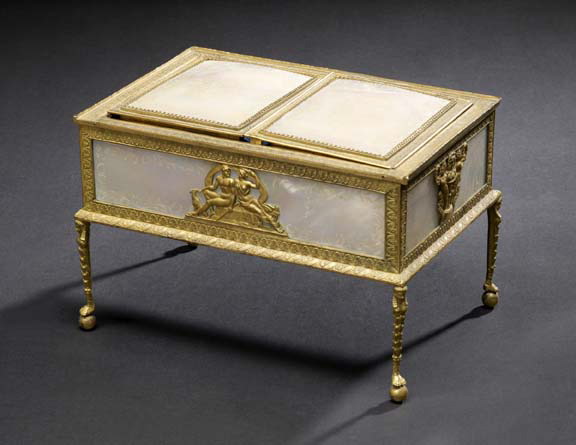 Appraisal: Rare French Antique-Gilded Brass-Mounted Engraved Nacre Workbox fourth quarter th