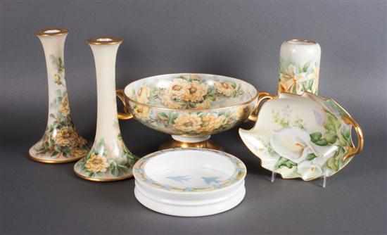 Appraisal: Five Limoges yellow floral decorated porcelain objects and a bluebird