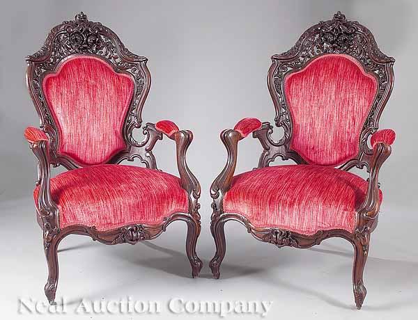 Appraisal: A Pair of American Rococo Carved Rosewood and Laminated Armchairs