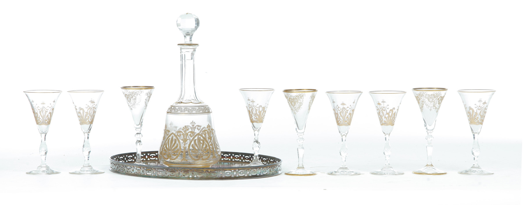 Appraisal: AESTHETIC PERIOD-STYLE CORDIAL SET ON SILVER PLATE TRAY England st