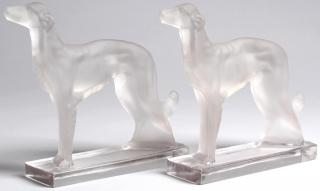 Appraisal: Pair of Art Deco Frosted Crystal Borzoi Bookends Manufactured by