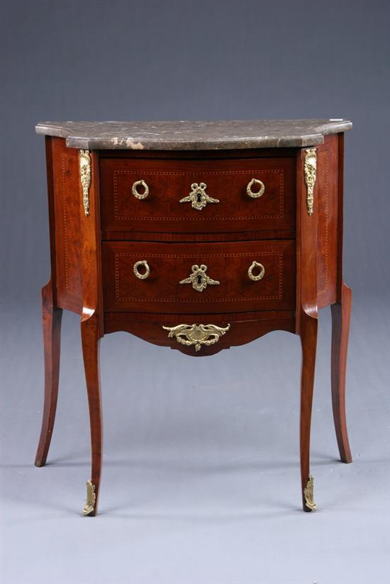 Appraisal: LOUIS XVI STYLE PARQUETRY DIMINUTIVE MARBLE-TOP COMMODE th century gilt-metal