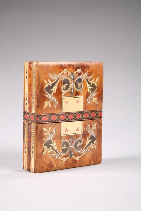 Appraisal: WOODEN PLAYING CARD BOX Marquetry and band inlaid box with