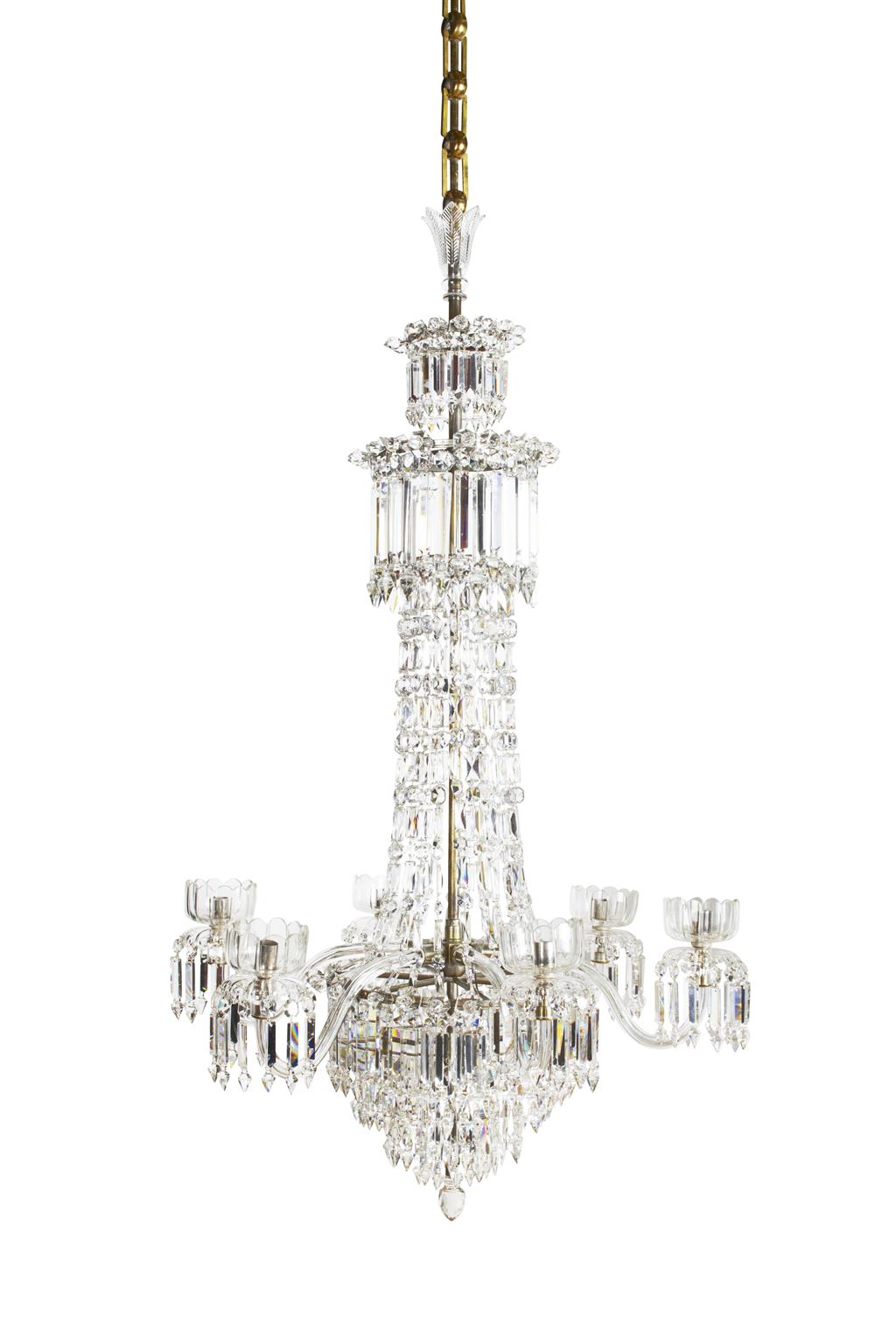 Appraisal: VICTORIAN CUT GLASS SIX LIGHT WATERFALL CHANDELIER ATTRIBUTED TO F