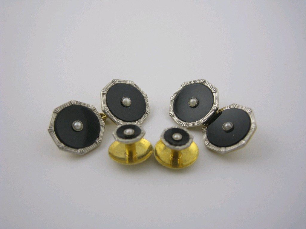 Appraisal: Pair of Seed Pearl and black Enamel Cufflinks each set