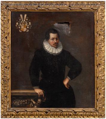 Appraisal: Spanish Old Master painting three-quarter portrait of a nobleman leaning