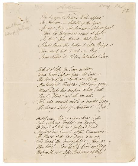 Appraisal: PIOZZI Hester Lynch Thrale - Autograph manuscript poem unsigned an