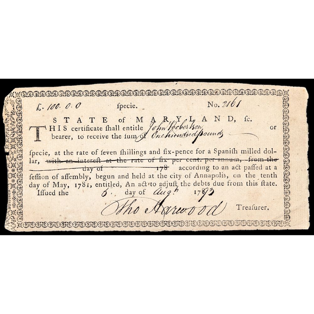 Appraisal: -Dated Federal Period Unique Usage Maryland Fiscal Bond Certificate American