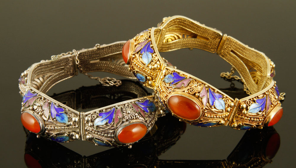 Appraisal: - Silver and Stone Bracelets Two bracelets with enamel and