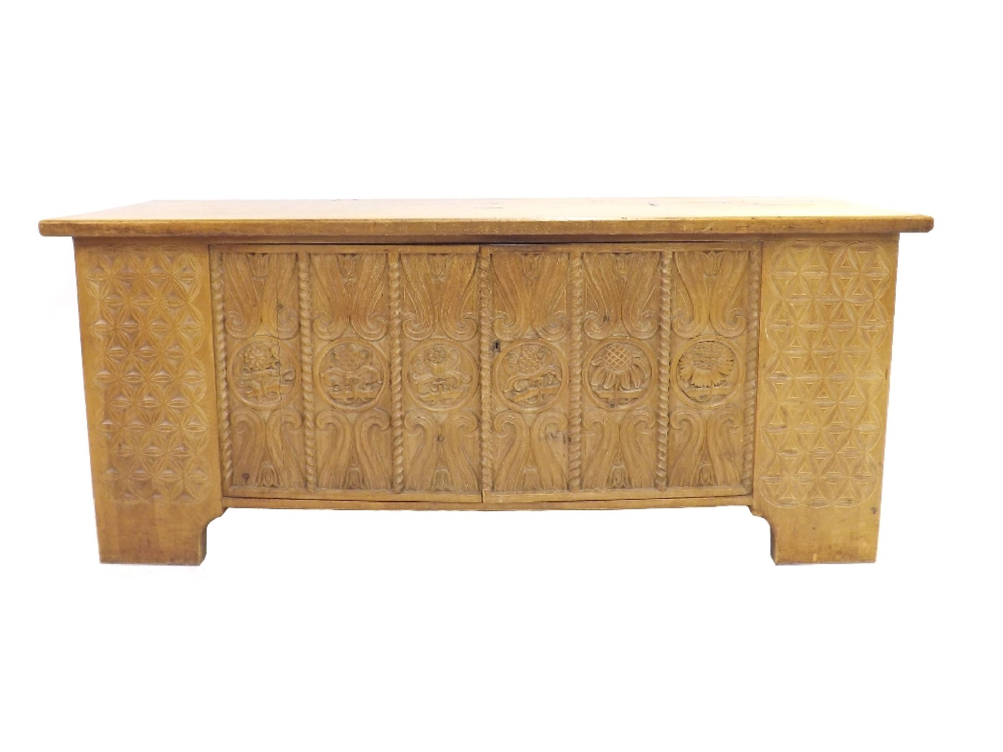 Appraisal: Interesting Black Forest pine and oak sideboard the frieze carved