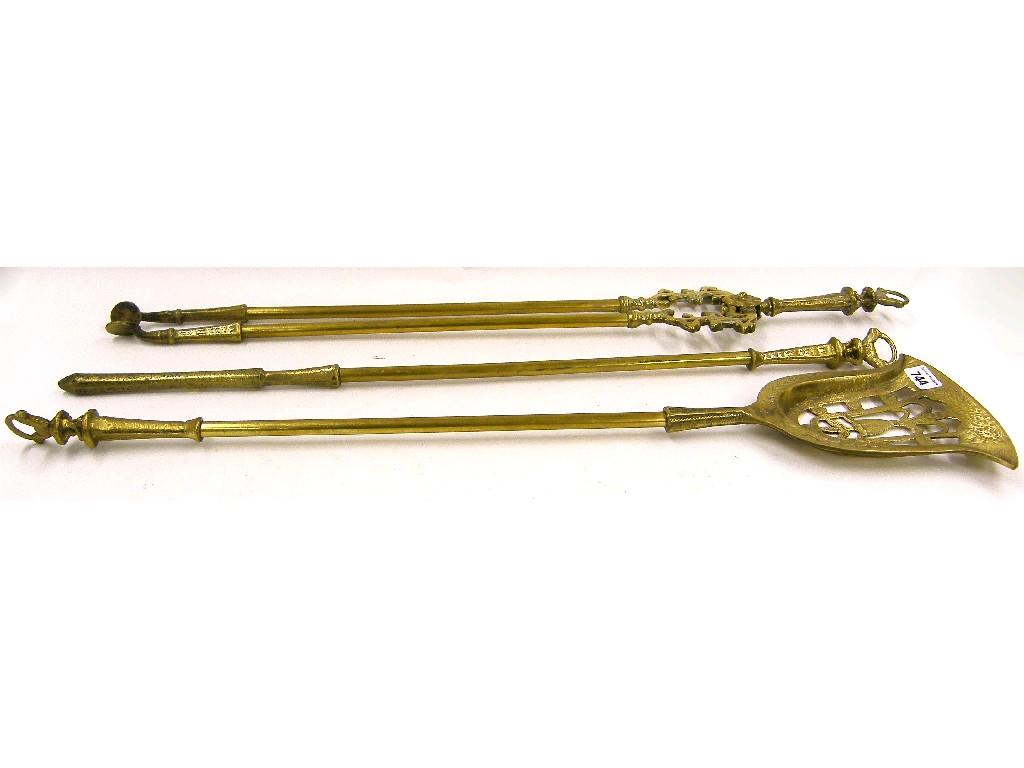 Appraisal: Set of three th century brass fire irons with tapering