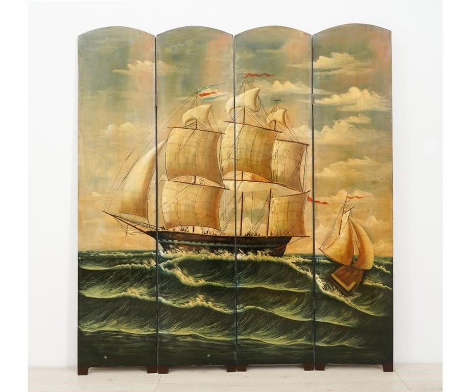 Appraisal: Four-part painted screen th c of a sailing ship h