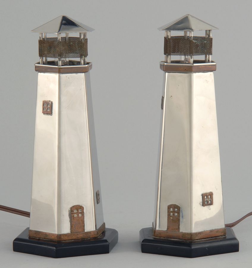 Appraisal: PAIR OF LIGHTHOUSE-FORM SILVER PLATED TABLE LAMPS th CenturyIn octagonal