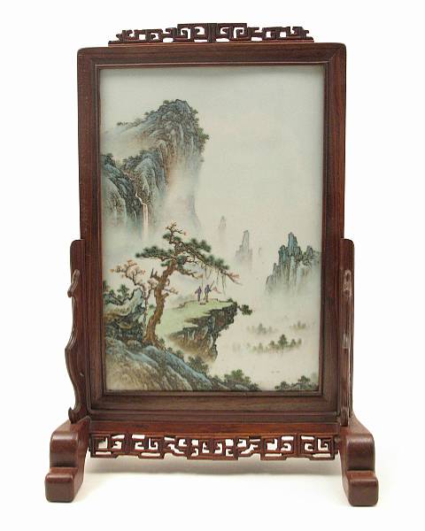 Appraisal: A Chinese enamel porcelain table screen framed in rosewood stand