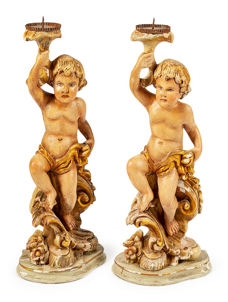 Appraisal: A Pair of Venetian Painted Figural Candlesticks A Pair of