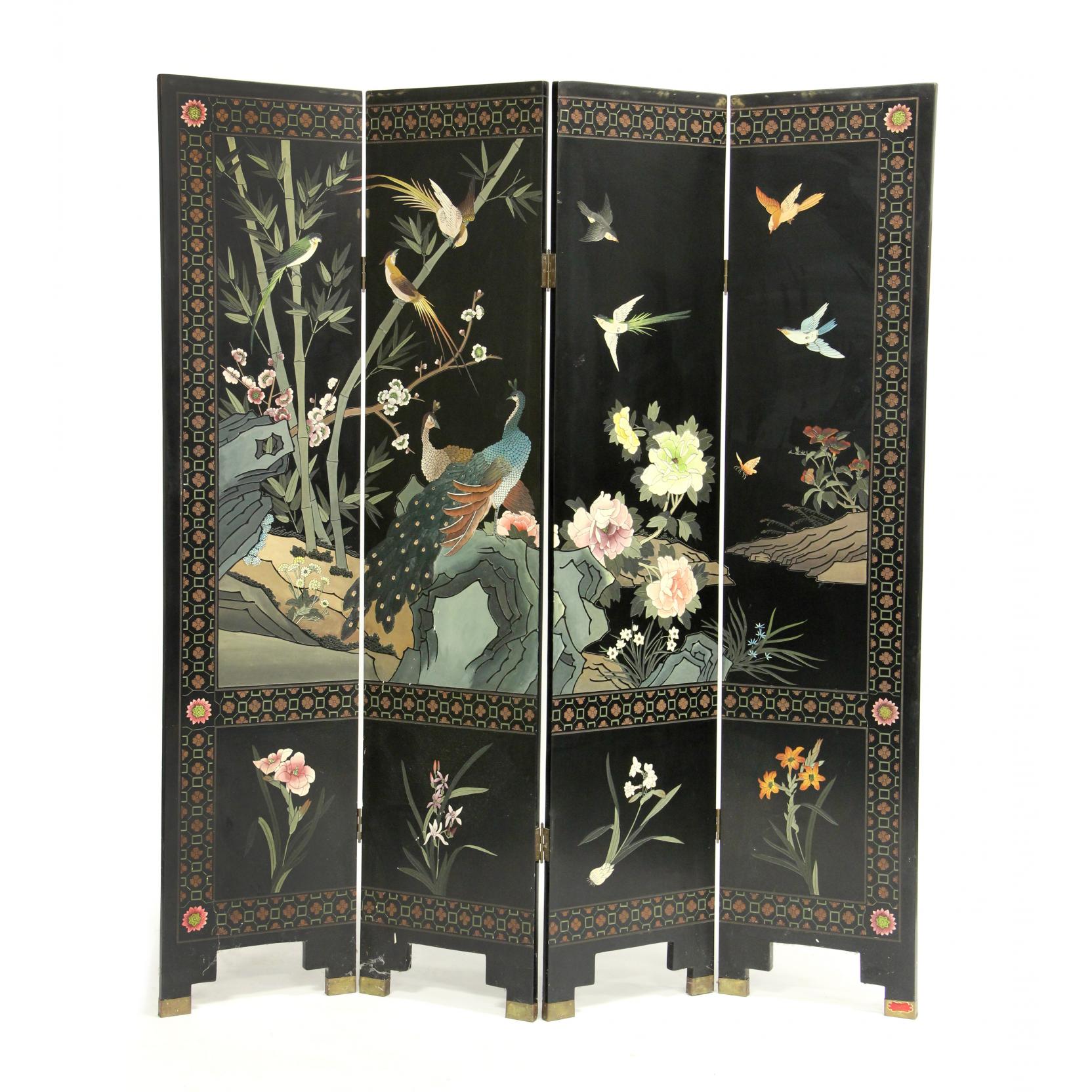 Appraisal: Four Panel Chinese Carved and Lacquered Floor Screen late th