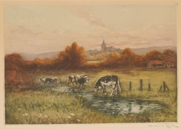 Appraisal: Manuel Robbe French - European farm scene with cattle aquatint