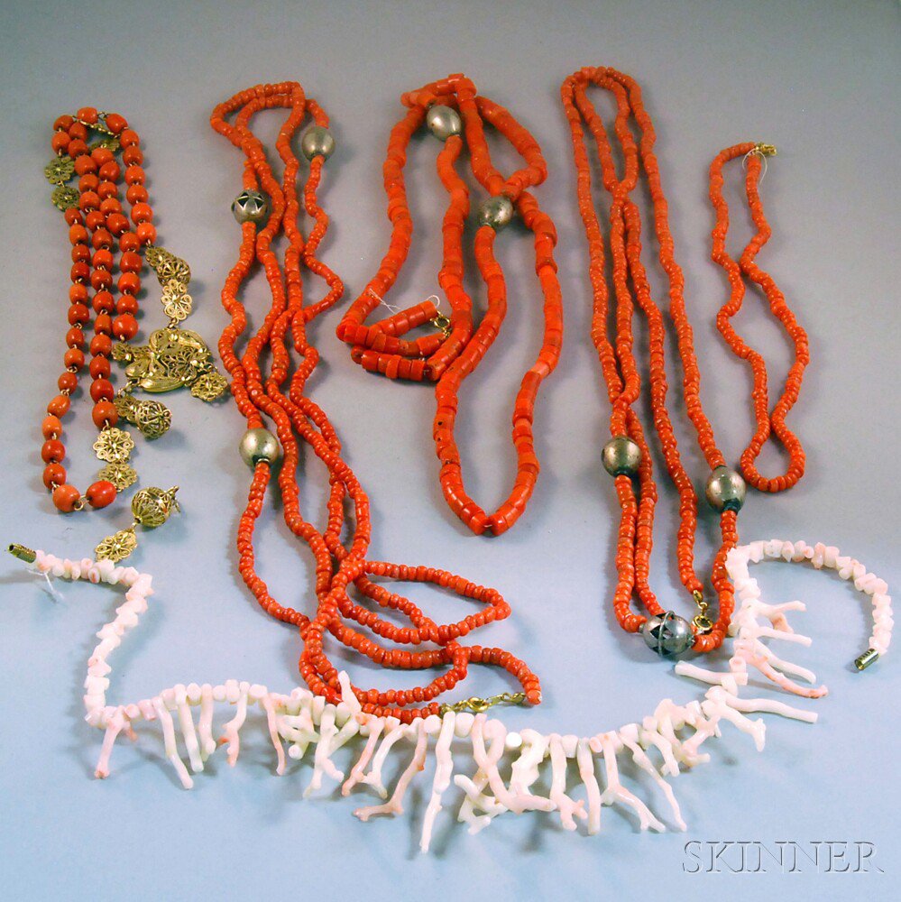 Appraisal: Group of Coral Jewelry an angelskin branch coral necklace three