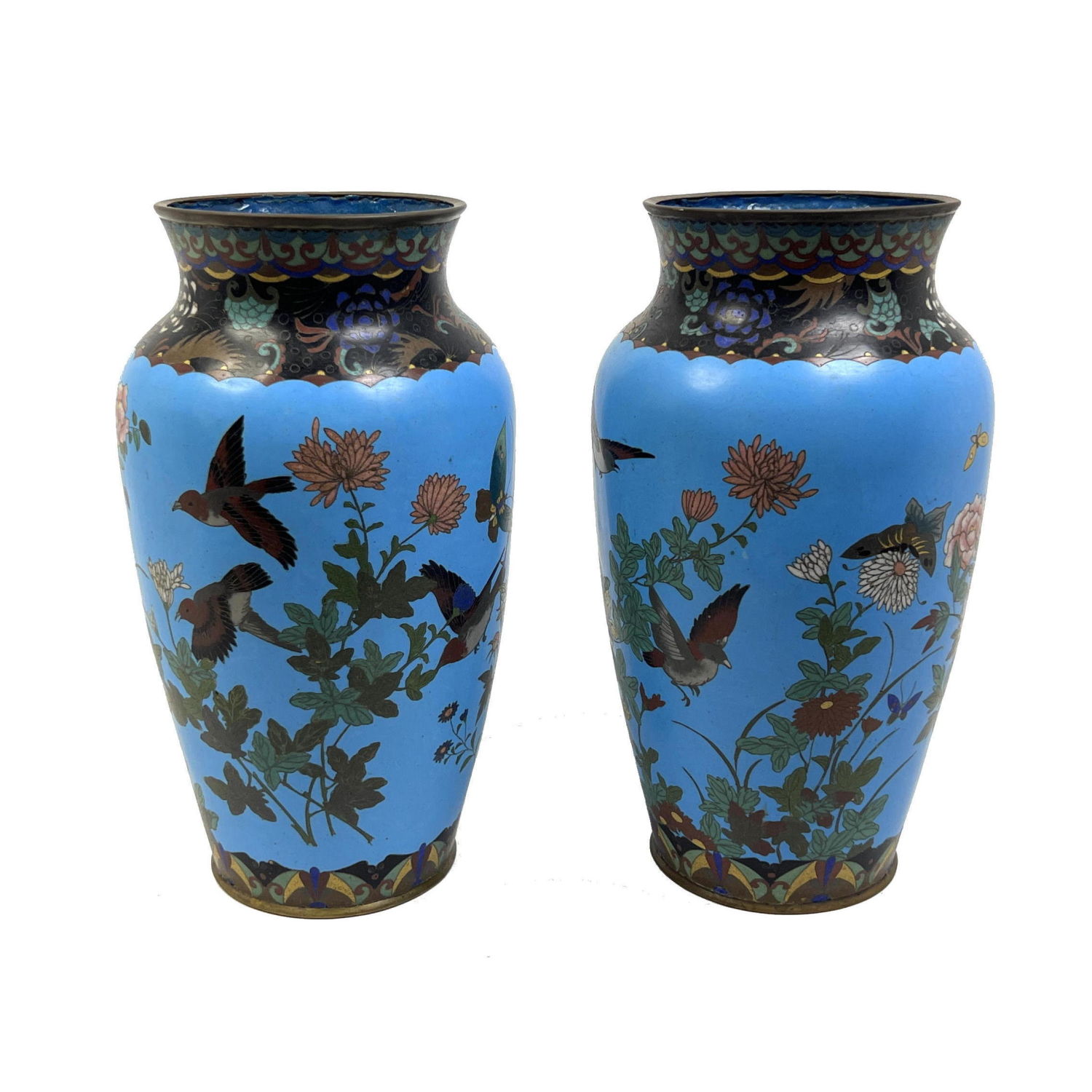 Appraisal: Pr Chinese Cloisonne Vases Bright blue grounds with birds Butterflies