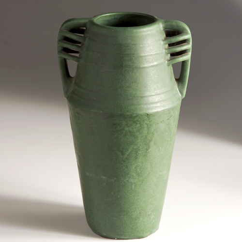 Appraisal: Fine WELLER Matt Green architectual-form two handled vase with impressed