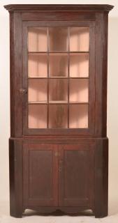 Appraisal: American Federal Cherry Two Part Corner Cupboard Molded cornice Twelve