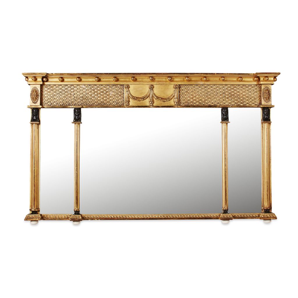 Appraisal: REGENCY GILTWOOD GESSO AND EBONISED EGYPTIANESQUE TRIPLE PLATE OVERMANTLE MIRROR