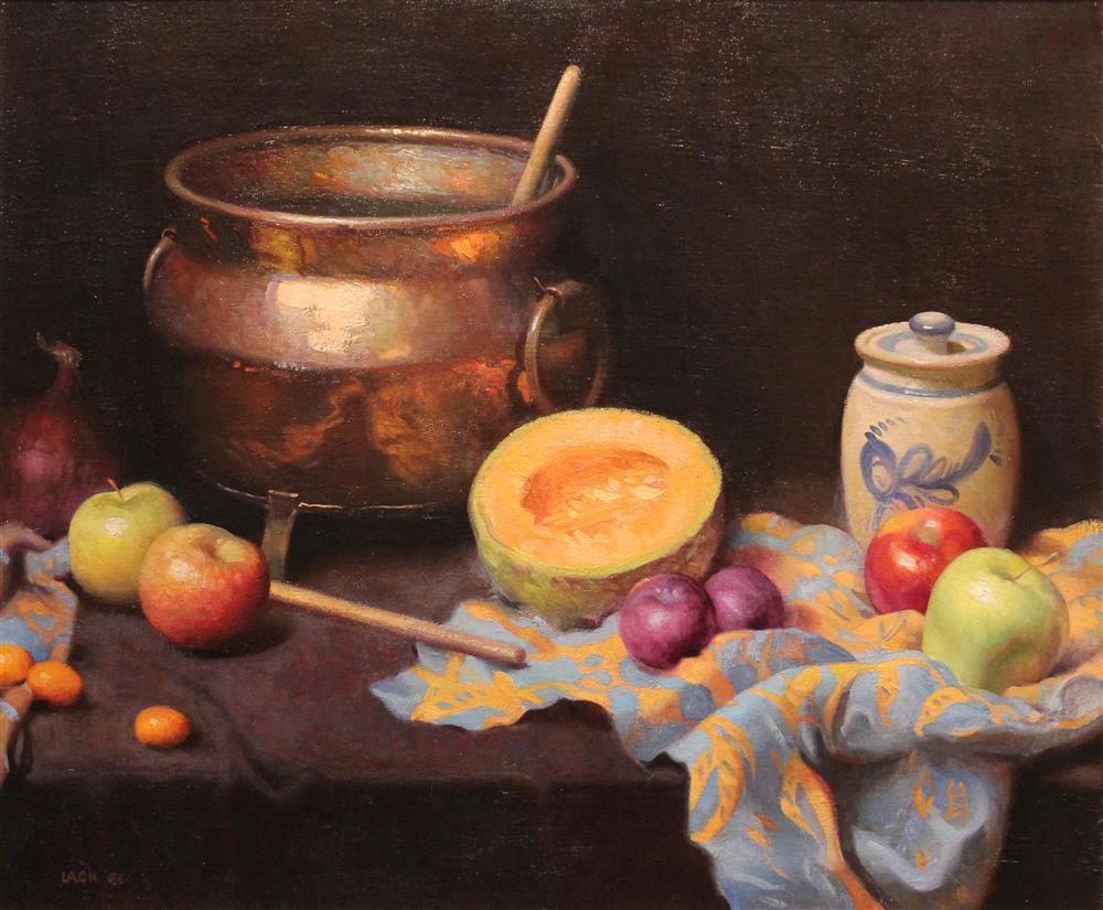 Appraisal: RICHARD LACK AMERICAN - COPPER POT WITH CANTALOUPE Oil on