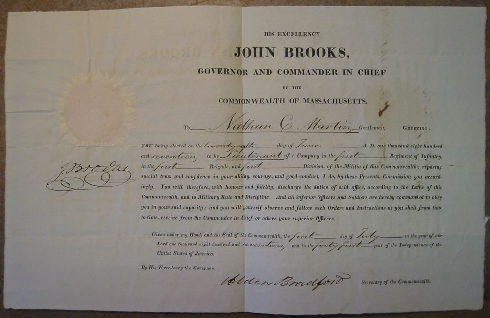 Appraisal: BROOKS JOHN Partly-printed Document Signed J Brooks as Governor and