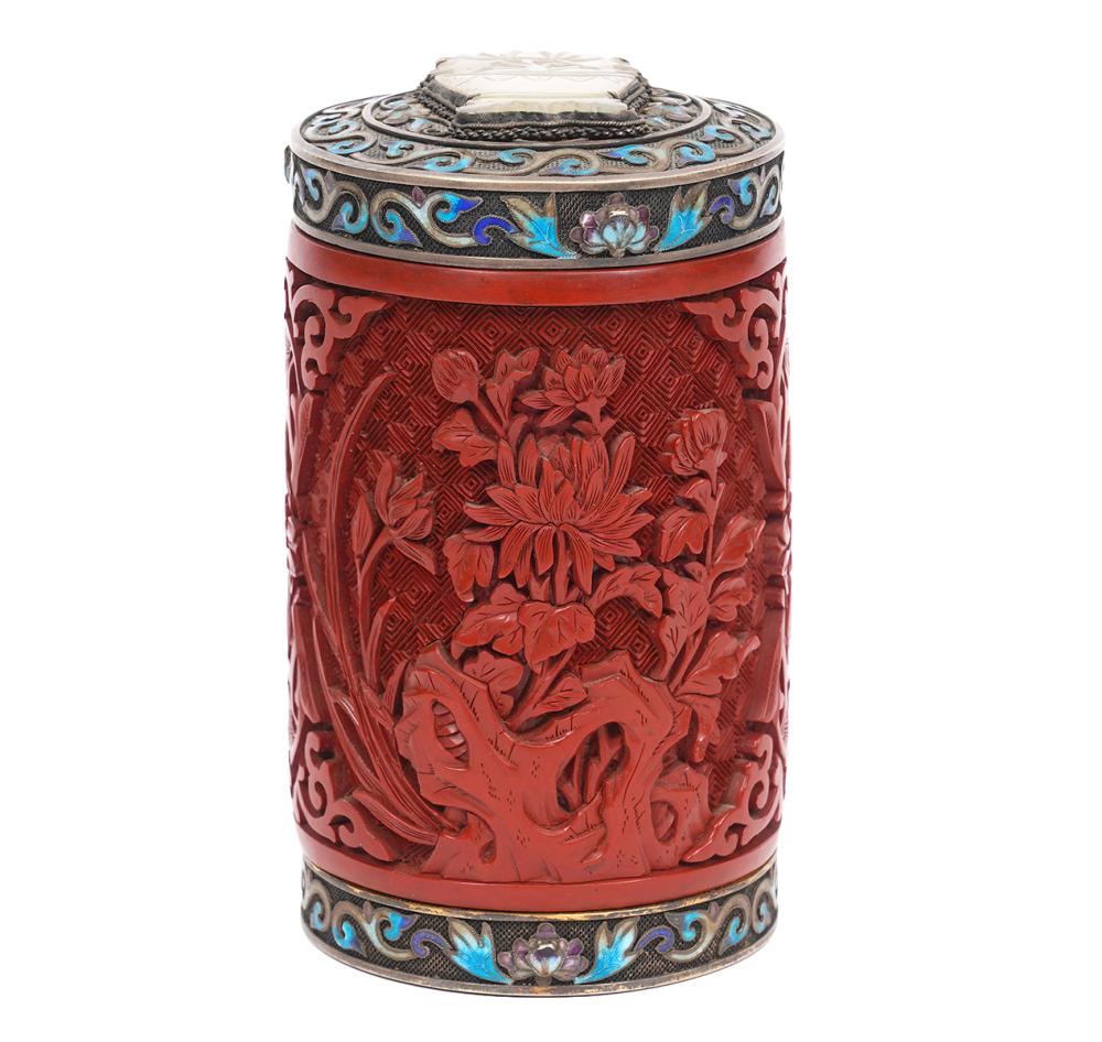 Appraisal: CHINESE CARVED CINNABAR GILT SILVER TEA CANISTERChinese carved laquered cinnabar