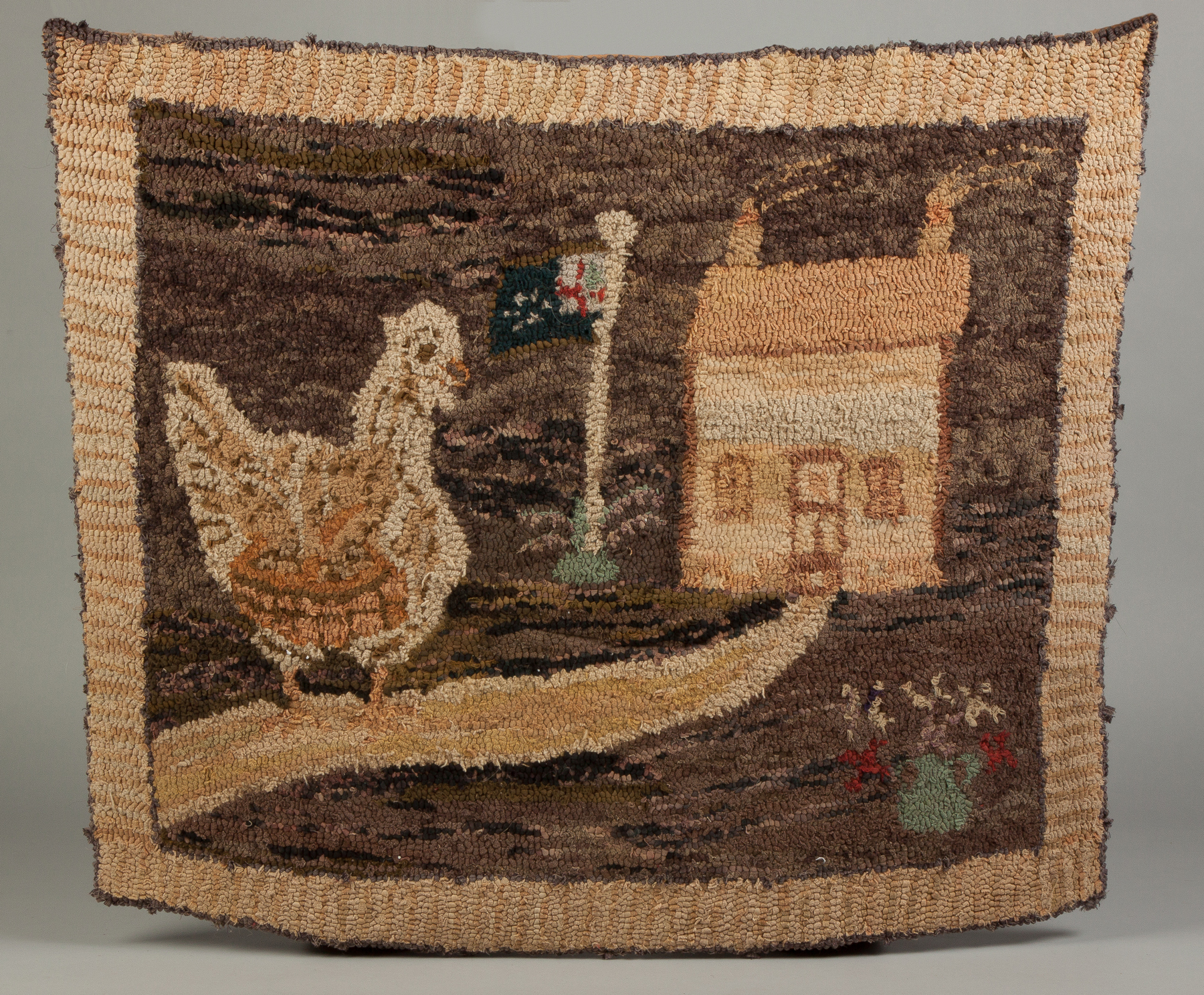 Appraisal: Hooked Rug with a Chicken and House Early th cent