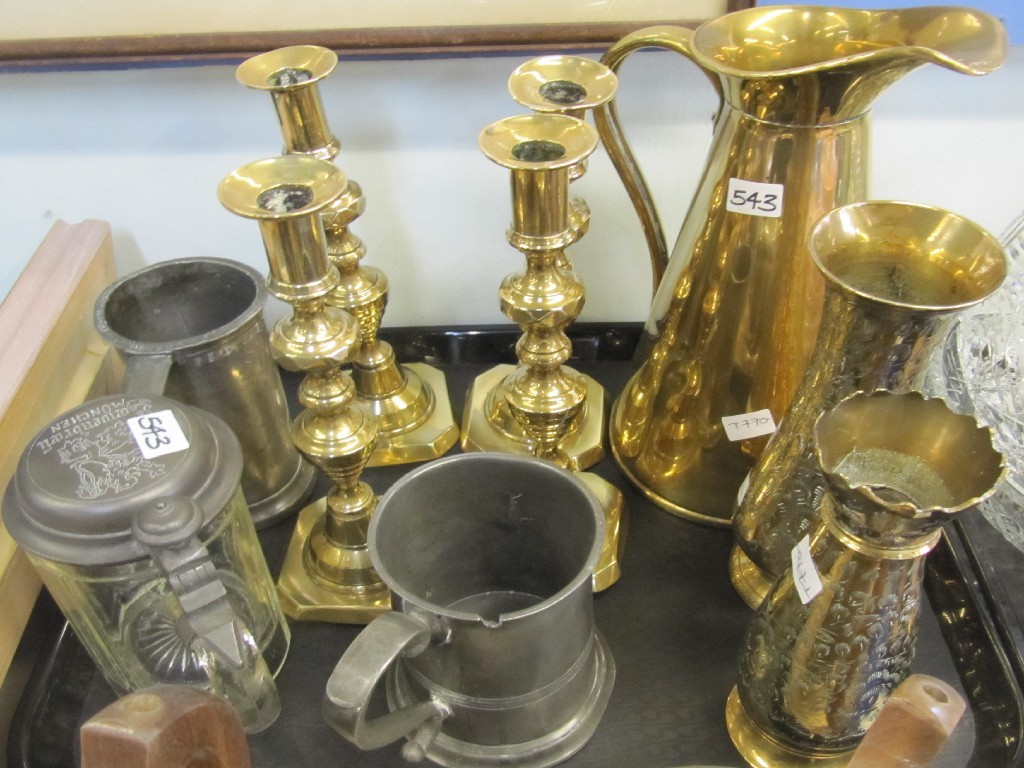 Appraisal: Tray lot to include pewter tankards brass candl