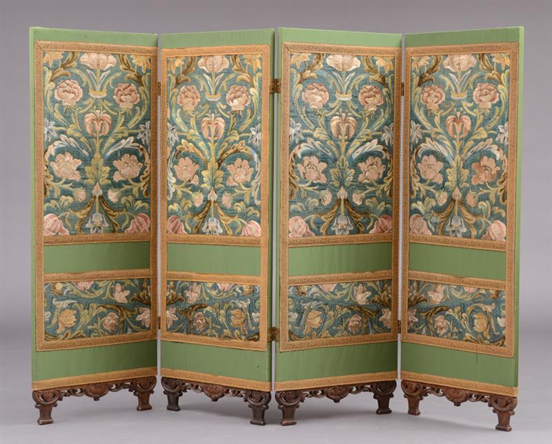 Appraisal: CONTINENTAL SILK NEEDLEWORK FOUR PANEL SCREEN PROBABLY FRENCH Each panel