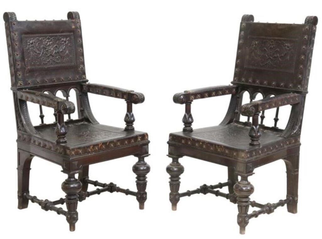 Appraisal: pair Spanish Renaissance Revival carved wood armchairs late th c