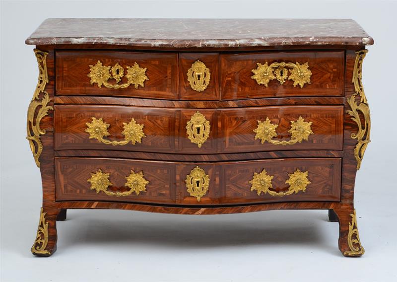 Appraisal: EARLY LOUIS XV ORMOLU-MOUNTED KINGWOOD AND TULIPWOOD PARQUETRY COMMODE With