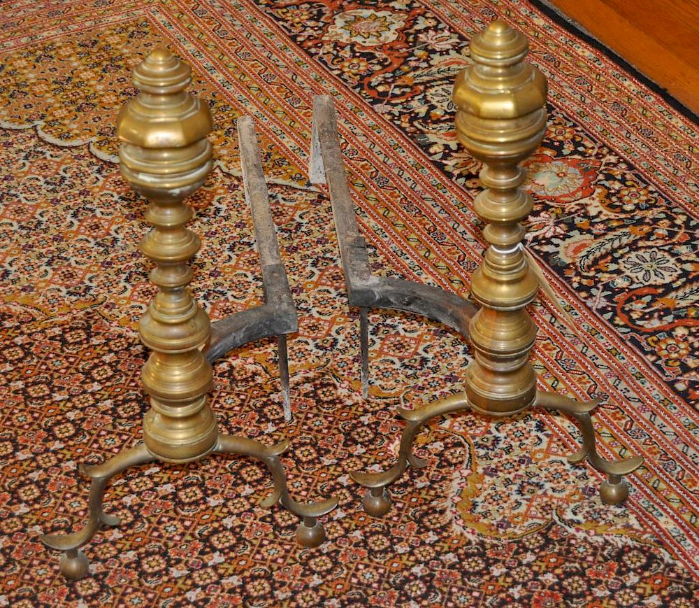 Appraisal: Pair Period Federal Brass Andirons with scrolling legs and ball