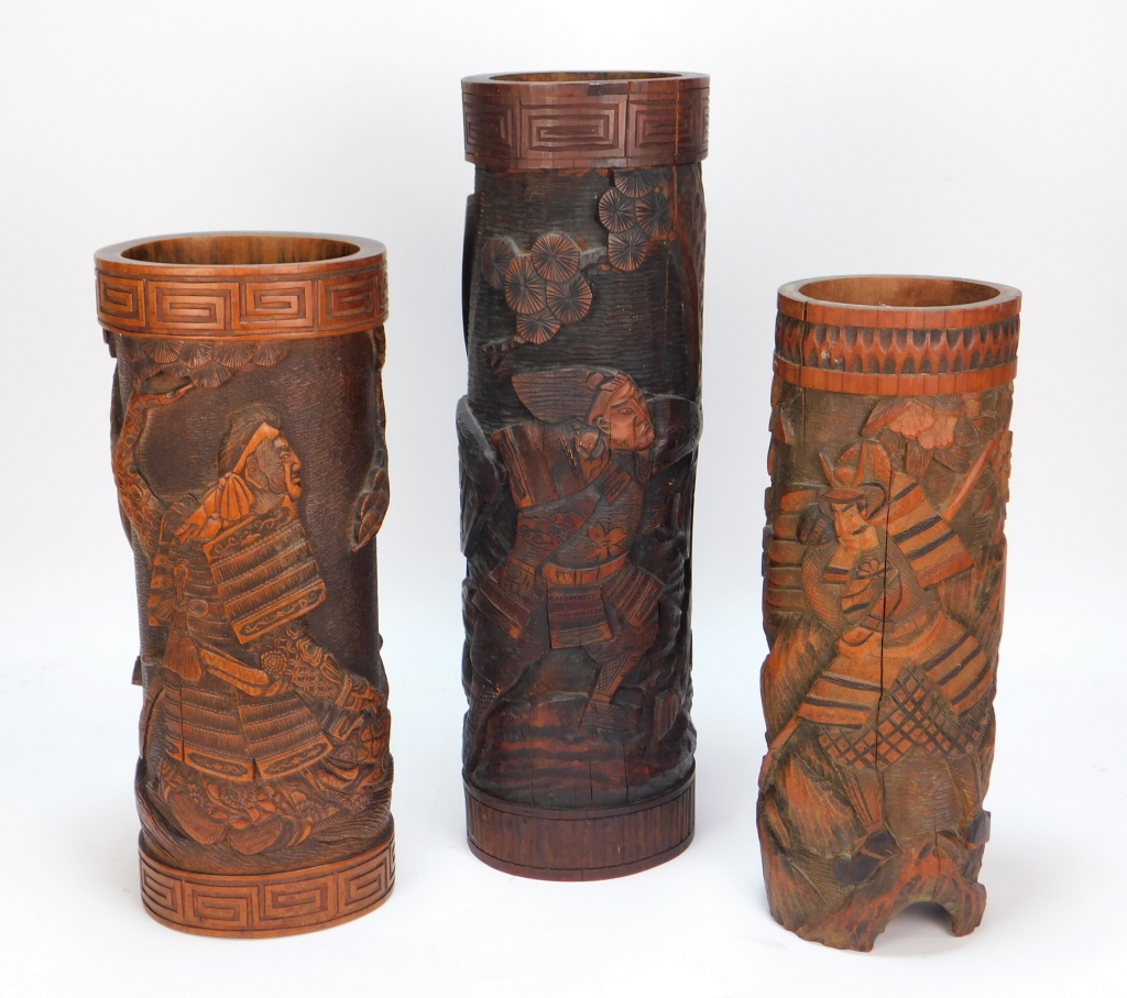 Appraisal: MEIJI TAISHO JAPANESE SAMURAI BAMBOO BRUSH POTS JapanMeiji Period-Taisho PeriodIncludes