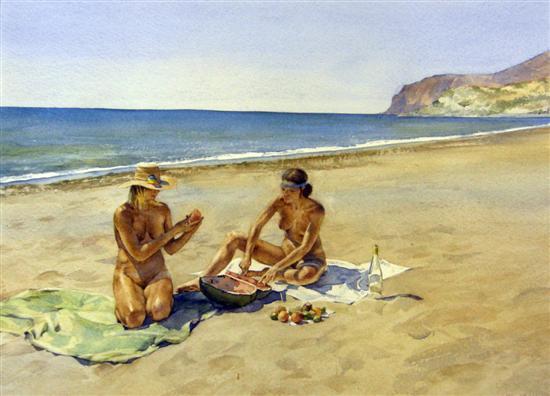 Appraisal: Wilfred G May watercolour beach scene of two female nudes