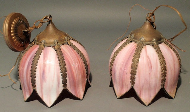 Appraisal: Pair of pink slag glass hanging lamps th c h