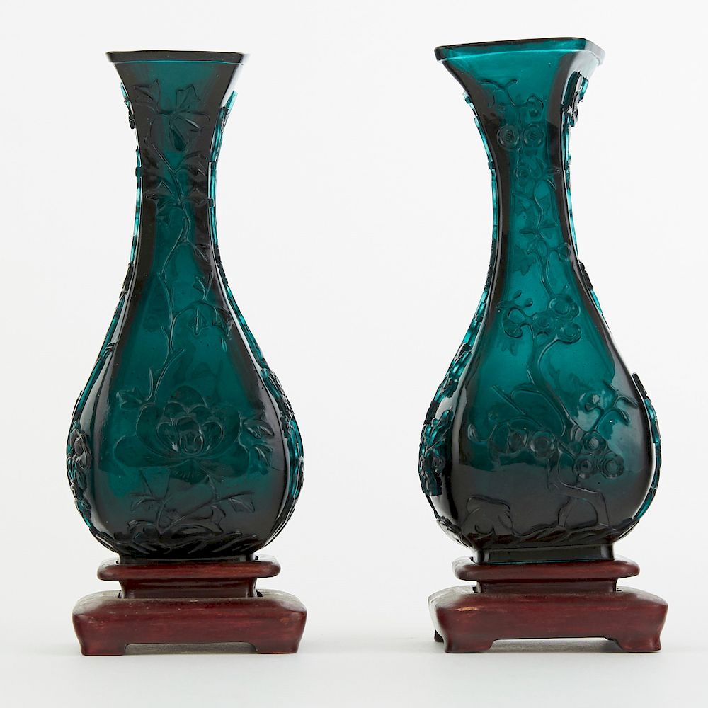 Appraisal: Pair Peking Glass Vases w Wooden Stands Pair of early