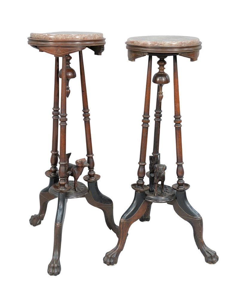 Appraisal: Pair of Walnut Victorian Stands each with brown round marble