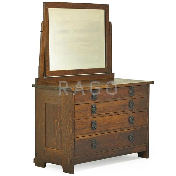 Appraisal: GUSTAV STICKLEY Dresser w mirror Condition Report Partially overcoated original